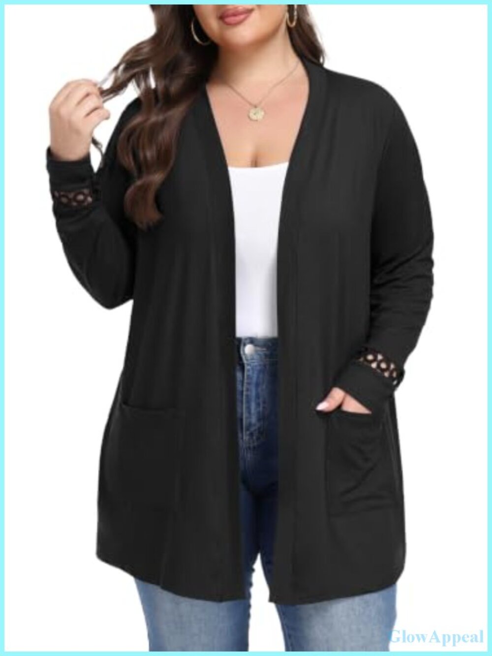 Plus Size Long Sleeve Knit Cardigan with Pockets and Lace Trim